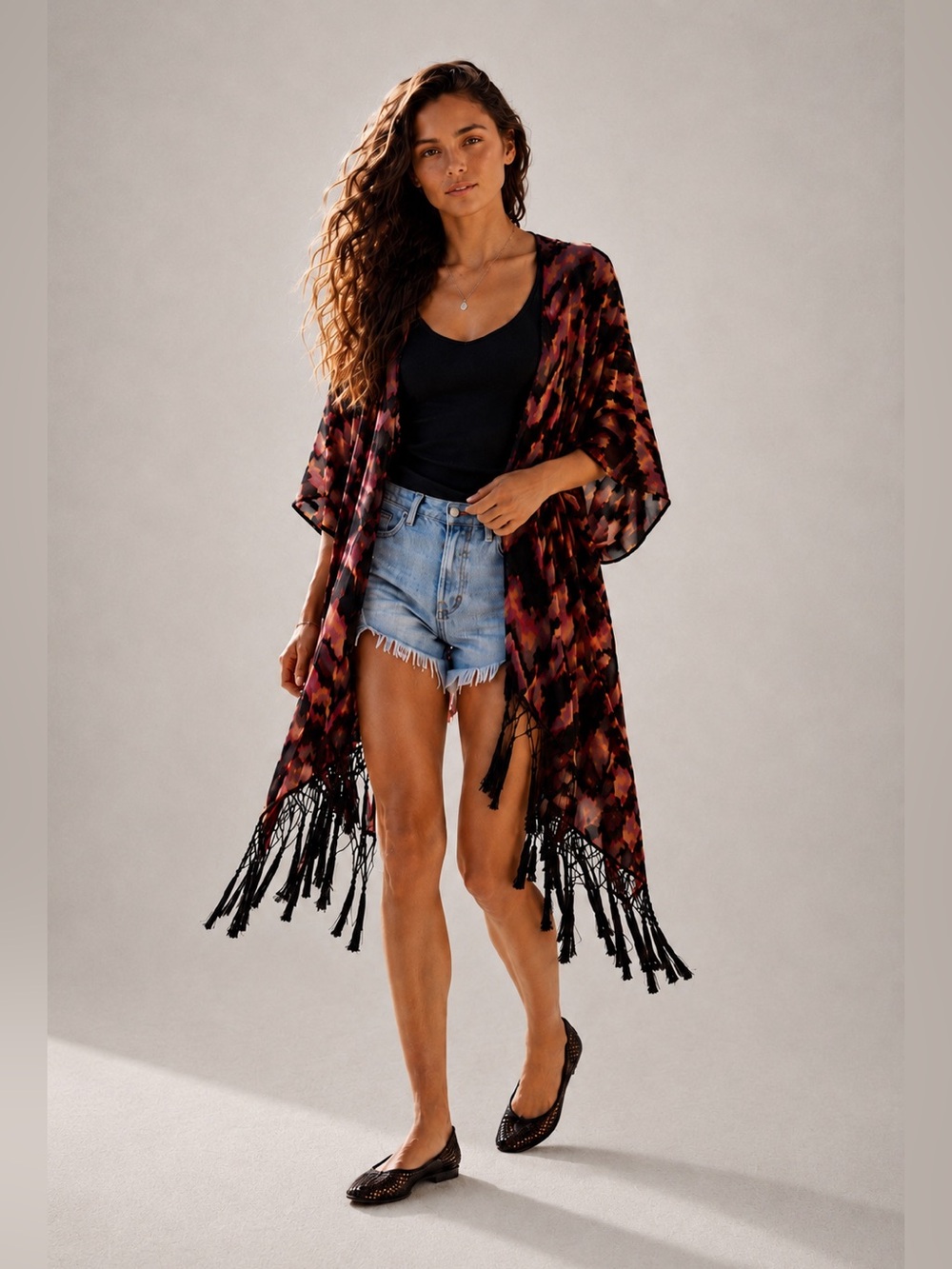 Free People Dripping Velvet Fringe Kimono Duster Sheer Pink Black Boho OS NWOT